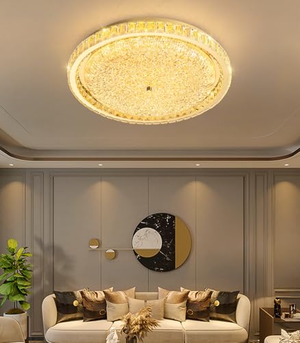 24" Modern Crystal Chandelier Dimmable LED Flush Mount Ceiling Light with Remote Control for Bedroom Hallway Dining Room Gold