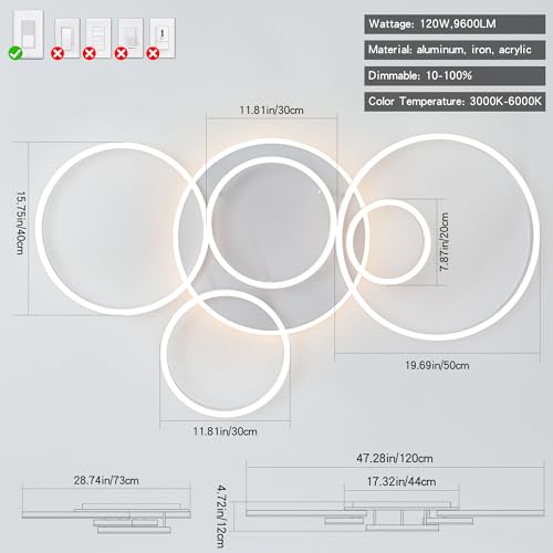 Modern LED Ceiling Light White Flush Mount Ceiling Lights Fixtures Dimmable 47" Dining Room Light Fixture with Remote 6 Rings Kitchen Lighting Fixtures Ceiling Lamp for Bedroom