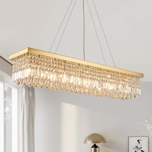 Rectangle K9 Crystal Chandelier Modern Gold Crystal Chandelier Rectangular Pendant Lighting Fixture for Dining Room Kitchen Island Bedroom L47'' x W10'' x H10''