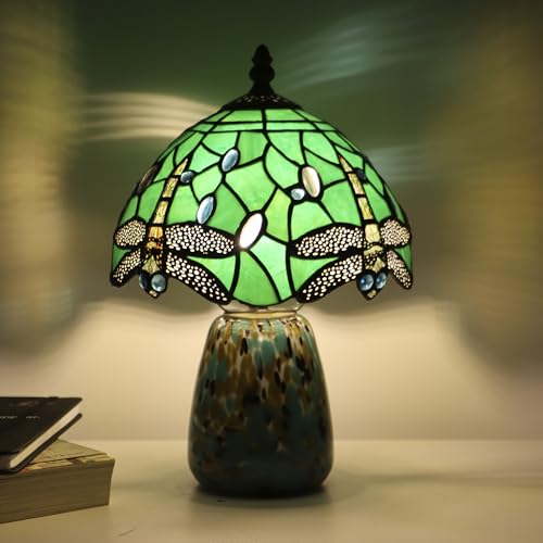 Tiffany Mushroom Table Lamp Dragonfly Style Green Stained Glass Accent Lamp Brown Blue Glass Base 8X8X12 Inch