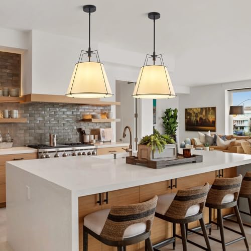 Modern Pendant Light Fixtures with 16" White Linen Fabric Shade