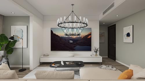 60 Inch Black Wagon Wheel Chandelier 2 Tier with Glass Shade
