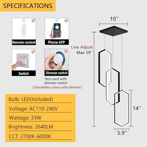 3 Rings Dimmable Pendant Lighting Adjust LED Mini Chandelier Ceiling Light Fixtures for Kitchen Island Dining Room Living Room Bedroom Black