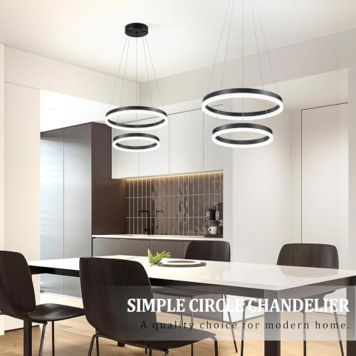 Modern Black Led Chandelier 2 Rings Dimmable LED Chandeliers with Remote Control Light Fixture for Kitchen Island Height Adjustable Chandelier Led Pendant Light for Living Room Dining Room