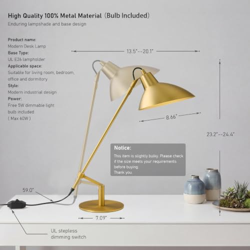 Desk Lamp Modern Industrial 100% Metal Adjustable Table Lamp 24"
