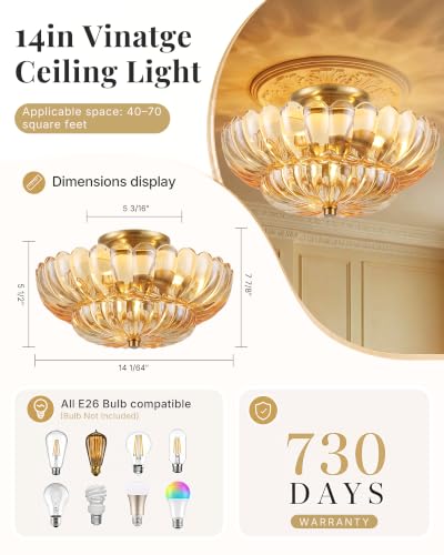 Semi Flush Mount Ceiling Light Fixture 14" Vinatge Gold Ceiling Lights Amber Mid Century Modern Glass Close to Ceiling Lighting Fixtures for Bedroom Hallway Kitchen Laundry Room Bathroom