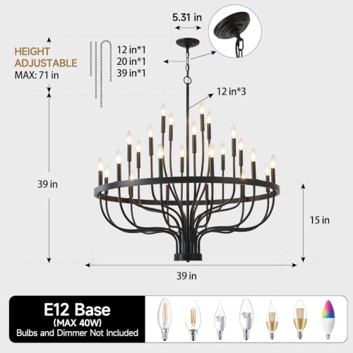 Black Chandelier 40" Large Farmhouse Chandeliers for High Ceilings