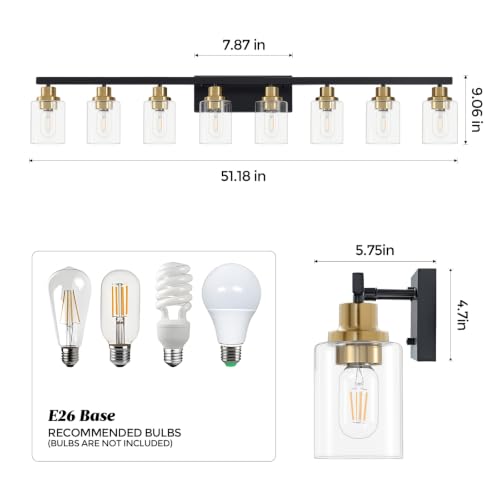 8 Light Bathroom Light Fixture Black and Gold Vanity Lights
