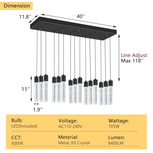 15 Lights Modern LED Pendant Lighting Fixture for Kitchen Island Crystal Chandelier Light Fixtures for Dining Room