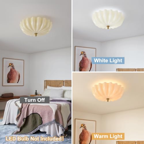 15.7in Cream Glass Ceiling Light Flush Mount Flower Shade 3 (Gold & Cream / 15.7in)