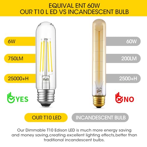 E26 LED Bulb 6W Equal 60 Watt Light Bulbs Daylight 5000K E26 Edison Bulb AC120V 750lm Dimmable 5 Inch Long Tubular T10 LED Bulb for Rustic Pendant (6 Count)