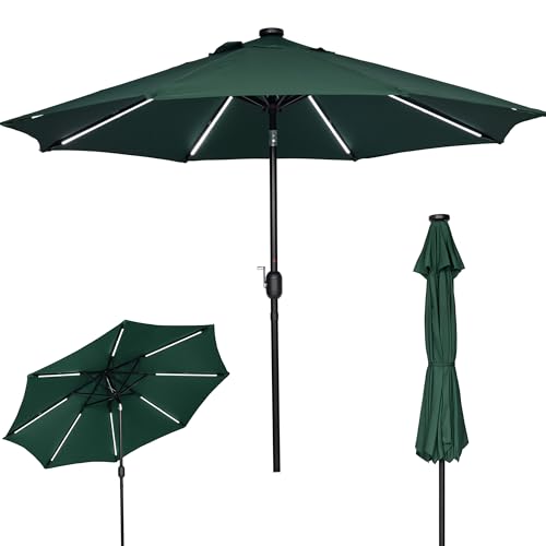 9FT Patio Umbrella with Solar Lights 8 LED Lights Dark Green