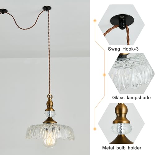 Plug in Glass Pendant Light Fixture Brass Vintage Adjustable Chandelier Brushed Gold Hanging Ceiling Light for Farmhouse Hallway Bedroom Foyer Kitcken Dining Room Island