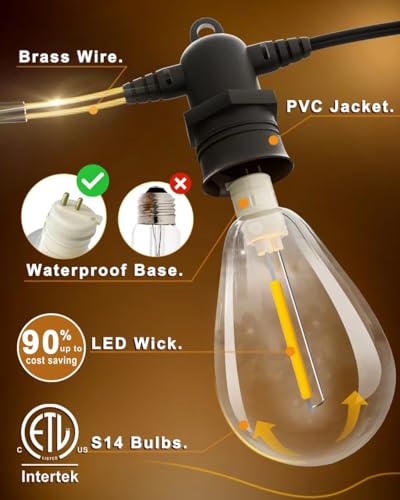 60FT LED Outdoor String Lights with 16+1 Edison Shatterproof Waterproof Bulbs (25 Count)