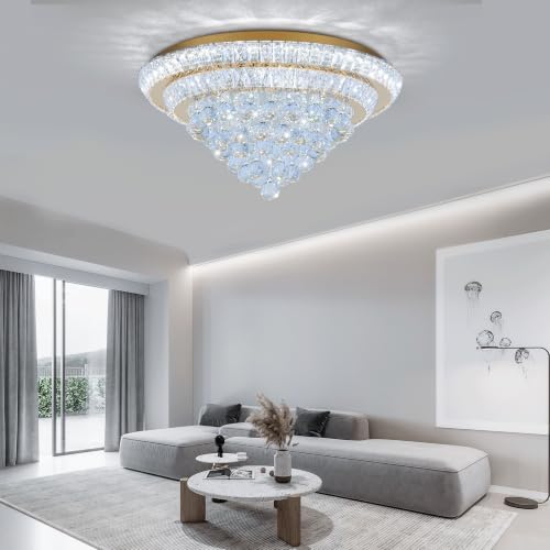 24" Gold Crystal Flush Mount Chandelier Modern LED Ceiling Light Fixture