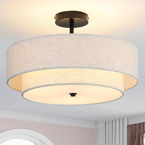 18" Semi Flush Mount Ceiling Light with Fabric Lampshade Modern Drum Ceiling Lamp Black Ceiling Light Fixture for Dining Room Kitchen Bedroom Living Room