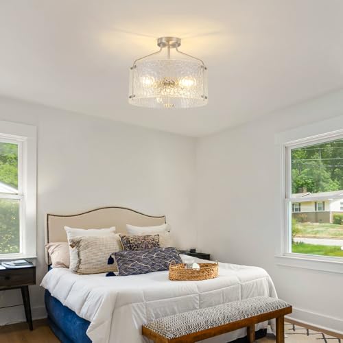 Semi Flush Mount Ceiling Light Fixture Glass Drum Chandelier Entryway Light Fixture 16''Brushed Nickel Flush Mount Ceiling Lights 3