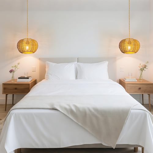 Hanging Light Rattan Lamp Shade Boho Lampshades for Rattan Pendant Lights Ceiling Light Table Lamps Floor Hanging Lights Plug in Pendant Light Wall Sconce