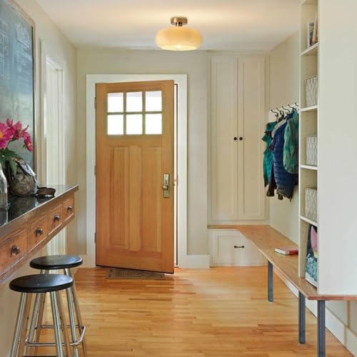 Gold Brass Flush Mount Ceiling Light Fixtures Mid Century Modern Ceiling Lights Brushed Milk Yellow Shade Glass Semi Flush Mount Light for Farmhouse Hallway Kitchen Sink Ceiling Lamp