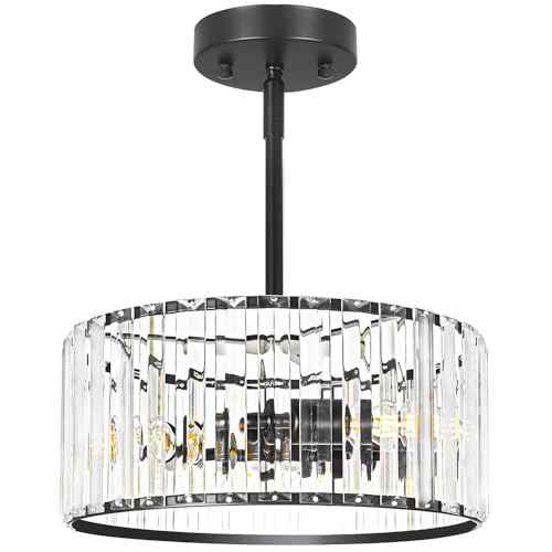 Black 3 Light Crystal Chandelier, Modern Dining Room Light Fixture over Table, Round Kitchen Lighting Fixture, Farmhouse Semi Flush Mount Ceiling Pendant Light for Living Room Bedroom Hallway Entryway