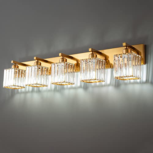 Modern 5 Light Gold Brushed Brass Finish Crystal Wall Light for Bathroom Vanity