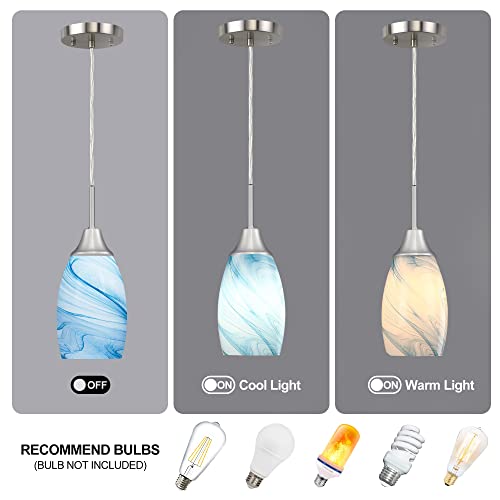 Mini Glass Pendant Light with Handblown Blue Marble Art Glass Shade Adjustable Cord Modern Oval Lamp Ceiling Pendant Light Fixture for Dining Room (3 Count)