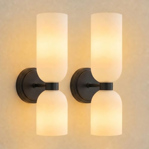 Black Wall Sconces Set of Two with Milky White Glass