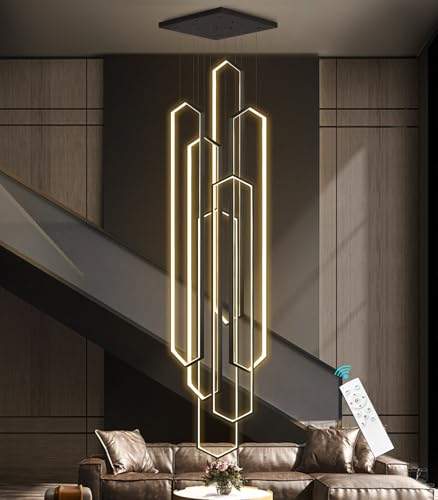 6 Rings Black Modern Long Large Chandelier Dimmable LED High Ceiling Chandelier for Living Room Foyer Staircase Enterway Hanging Light Fixture Modern Ceiling Light