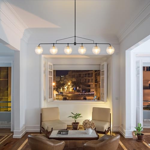 Modern Linear Chandelier 6 Lights Seeded Glass Globe Sputnik Pendant Light