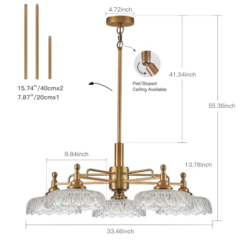 Chandelier Pendant Lights Fixture Vintage Pendant Lighting Fixtures 5 Lights Brass Chandelier E26 Base Clear Glass Hanging Lamp for Kitchen Island Dining Room Living Room