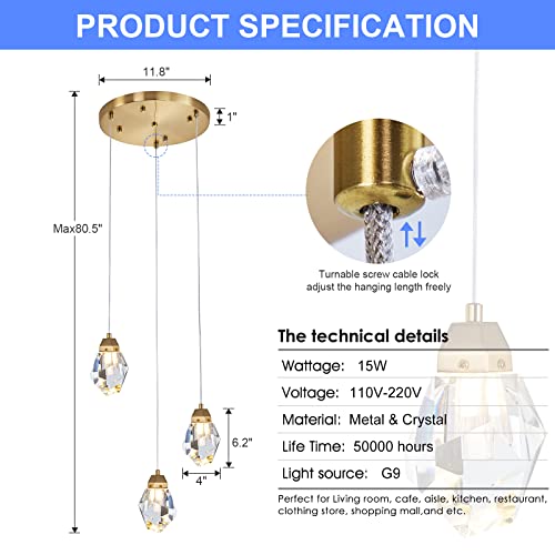 3 Lights Crystal Pendant Light Modern Cluster Chandelier