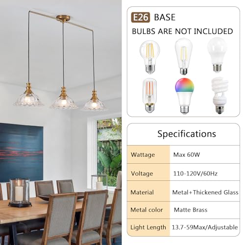 Vintage 3 Light Pendant Light Fixtures Modern Glass Hanging Lights with Adjustable Cord for Kitchen Island Dining Room Living Room Hallway (3 Count)