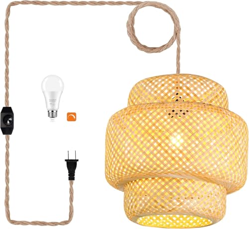 Plug in Pendant Light Rattan Hanging Lights with Plug in Cord Bamboo Hanging Lamp Dimmable