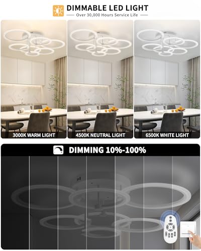 Modern LED Ceiling Light Dimmable Ceiling Light Fixtures with Remote 7 Rings White Close to Ceiling Lights 31.8" 130W 3000K