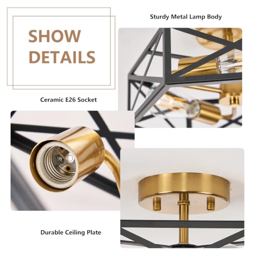 Farmhouse Black and Gold Semi Flush Mount Ceiling Light 14.6 Inch (Black and Gold / 14.6 Inch)