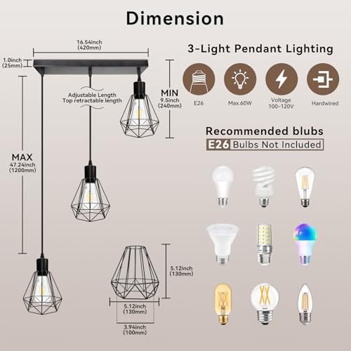 3 Light Black Pendant Lights Hanging Light Fixture Adjustable Cord