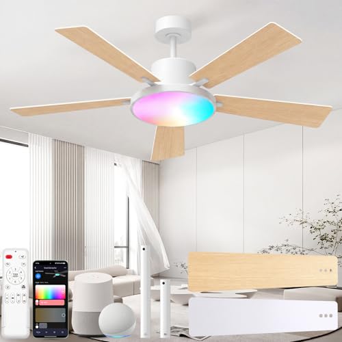 52" Smart Ceiling Fans with Lights and Remote (White +Log / 52 Inch)