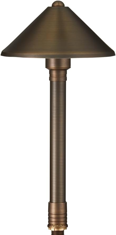 VOLT Conehead 12V Brass Mini Path Light (7" Shade, 15" Tall) for Low Voltage Landscape Lighting on Outdoor Pathway, Walkway, Garden, Driveway or Patio - Aura Lighting