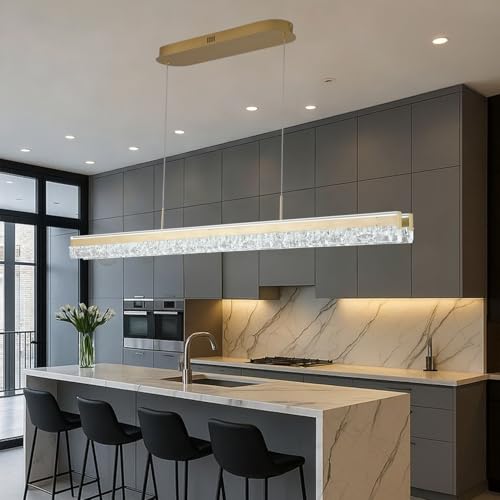Modern Chandelier Gold Led Crystal Linear Pendant Lights Kitchen Island Lighting Minimalist Dimmable Ceiling Hanging Light Fixture Dining Room with Remote Control