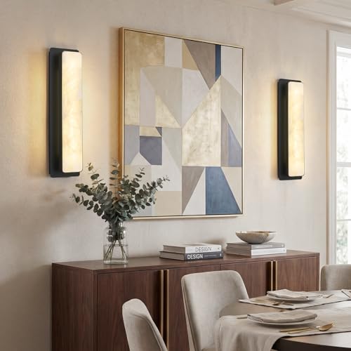 Alabaster Wall Sconce Modern LED Wall Lights Natural Spanish Marble 20" Rectangular Wall Sconces Black Wall Lamps for Bedroom Living Room Hallway Staircase