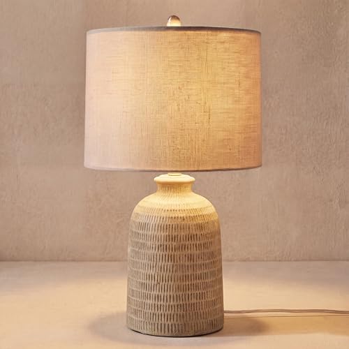 Home 24" Natural Beige Textured Ceramic Table Lamp with Tan Linen Shade