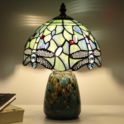 Tiffany Mushroom Table Lamp Dragonfly Style Sea Blue Stained Glass Accent Lamp Brown Blue Glass Base 8X8X12 Inch