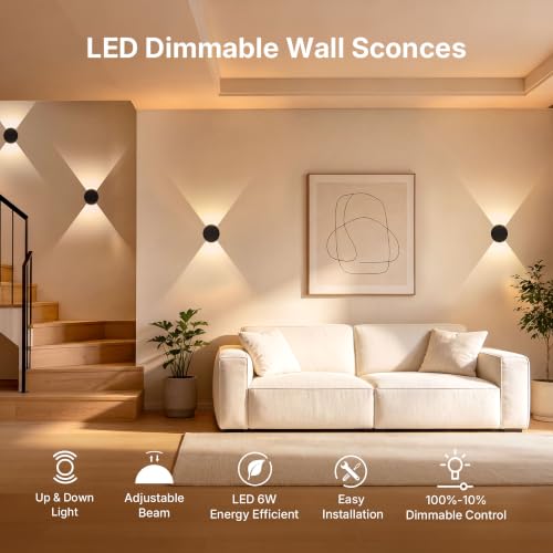 Wall Sconce Set of 2 Black Round LED Wall Lights Beam (2 Count)
