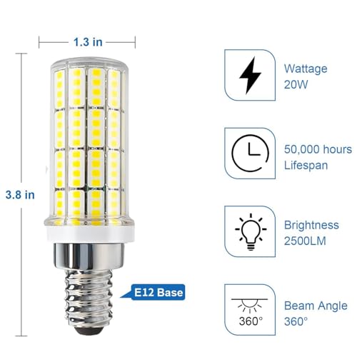 E12 LED Bulb 20W 6pcs LED Corn Light Bulb 200W Equivalent 2500Lumen 5000K Cool Daylight White Non