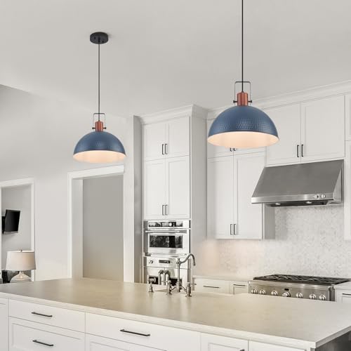 16 Inch Blue Pendant Lights Hammered Matte Pendant Lights for Kitchen Island Industrial Farmhouse Adjustable Height Dome Hanging Light Fixtures for Barn (2 Count)