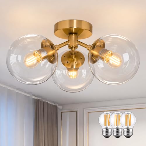 3 Light Modern Gold Semi Flush Mount Ceiling Lights Clear Glass Globe Ceiling Lights Mid Century Brass Chandelier Modern Sputnik Ceilings Light Fixture for Bedroom Hallway Entryway Living Room