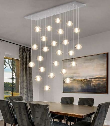 24 Lights Modern Rectangular Crystal Chandelier LED Raindrop Ceiling Pendant Light Crystal Lighting Fixture for Living Room Hotel Staircase Hallway Foyer Entryway Bedroom Silver