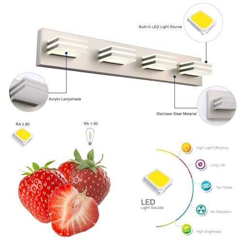 4 Light LED Brushed Nickel Vanity Lights for Bathroom Light Fixtures Adjust 3 Colors Modern Bath Lighing Over Mirror LED Vanity Light 27inch (3 Count)