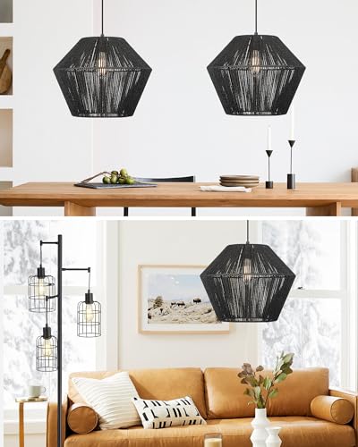 16.5” Large Modern Woven Chandelier Farmhouse Coastal Pendant Light Fixtures Matte Black Handwoven Rattan Basket Shade Boho Pendant Hanging Lamp for Kitchen Dining Room Bedroom Foyer Hallway