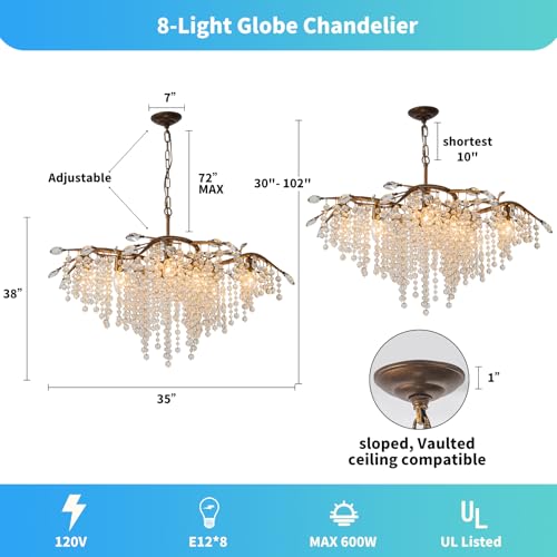 Farmhouse Tree Branch Bronze Crystal Chandelier for Dining Room